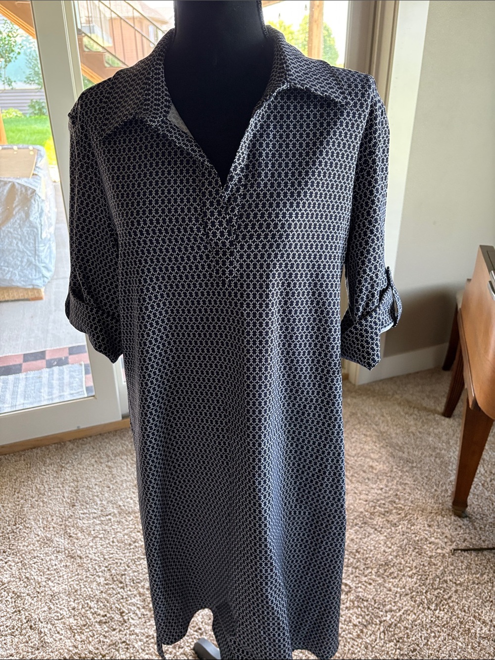 Women's Navy blue and White Patterned Button-Down Shirt Dress